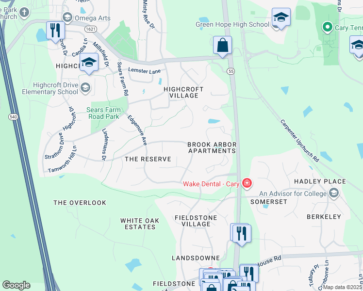 map of restaurants, bars, coffee shops, grocery stores, and more near 303 Briardale Avenue in Cary