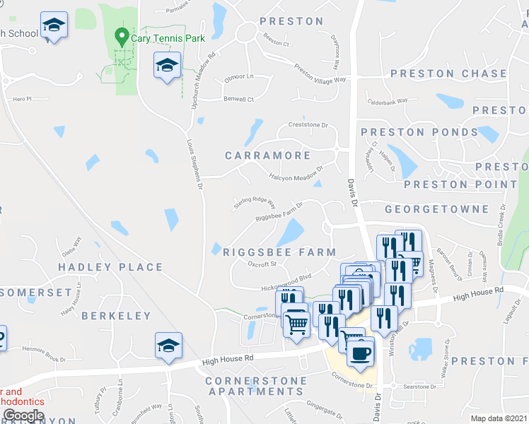 map of restaurants, bars, coffee shops, grocery stores, and more near 402 Riggsbee Farm Drive in Cary