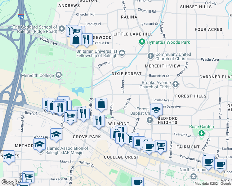 map of restaurants, bars, coffee shops, grocery stores, and more near 216 Furches Street in Raleigh