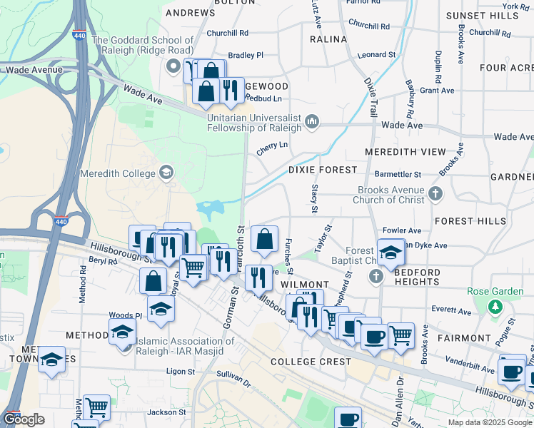 map of restaurants, bars, coffee shops, grocery stores, and more near 124 Montgomery Street in Raleigh