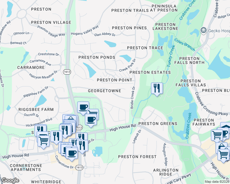 map of restaurants, bars, coffee shops, grocery stores, and more near 110 Timber Hitch Road in Cary