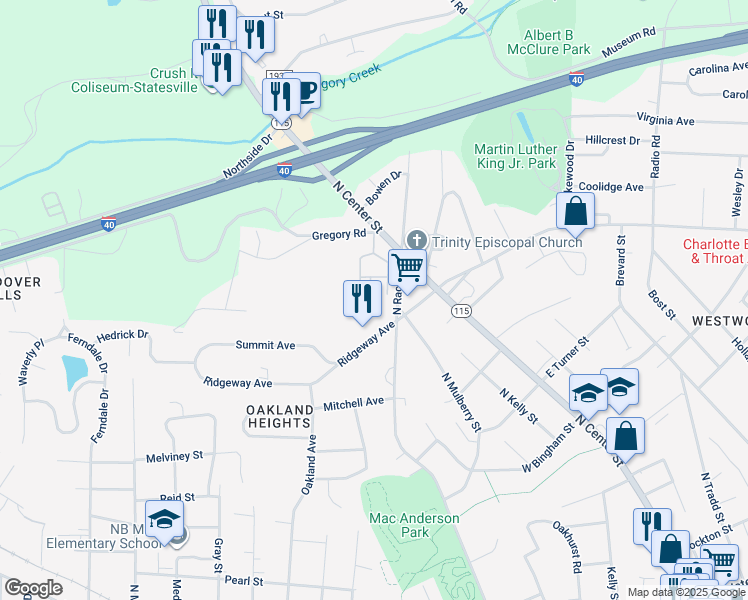 map of restaurants, bars, coffee shops, grocery stores, and more near Hatchery Lane in Statesville