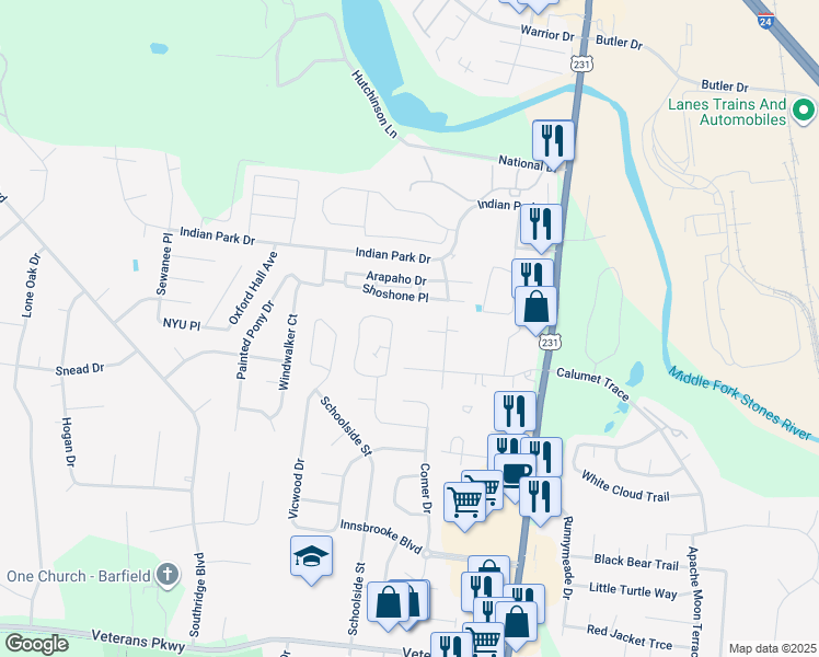 map of restaurants, bars, coffee shops, grocery stores, and more near 360 Creekwood Court in Murfreesboro