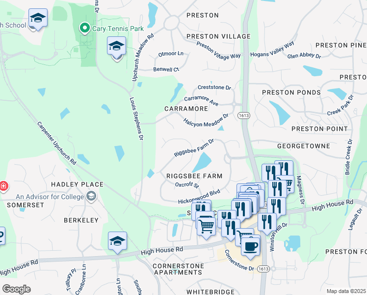 map of restaurants, bars, coffee shops, grocery stores, and more near 402 Riggsbee Farm Drive in Cary
