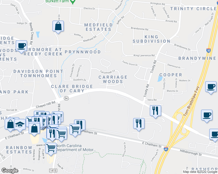 map of restaurants, bars, coffee shops, grocery stores, and more near 115 Minden Lane in Raleigh