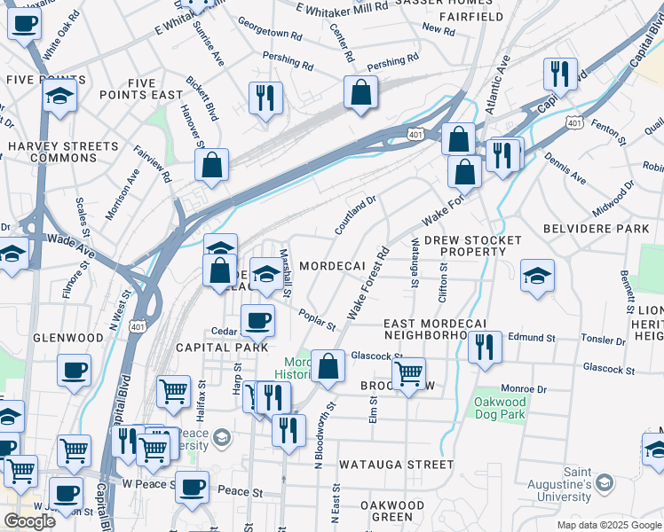 map of restaurants, bars, coffee shops, grocery stores, and more near in Raleigh