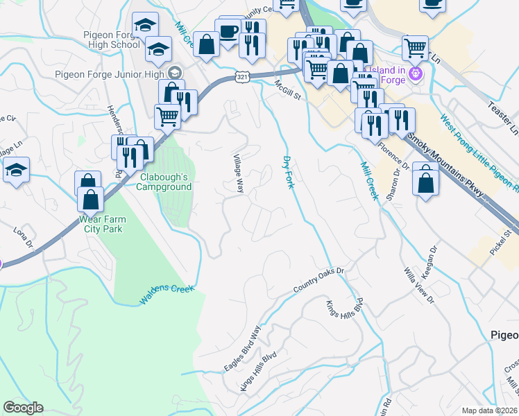 map of restaurants, bars, coffee shops, grocery stores, and more near 2801 Forrest Way in Pigeon Forge