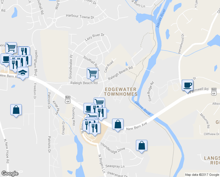 map of restaurants, bars, coffee shops, grocery stores, and more near 5208 Big Bass Drive in Raleigh