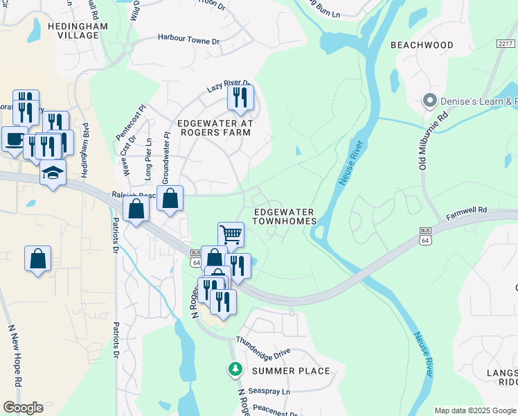 map of restaurants, bars, coffee shops, grocery stores, and more near 5208 Big Bass Drive in Raleigh