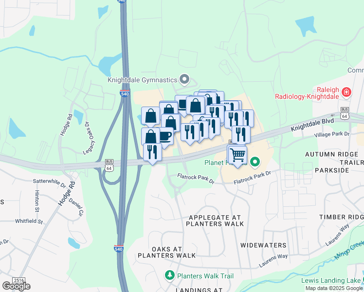 map of restaurants, bars, coffee shops, grocery stores, and more near Shoppes At Midway Drive in Raleigh