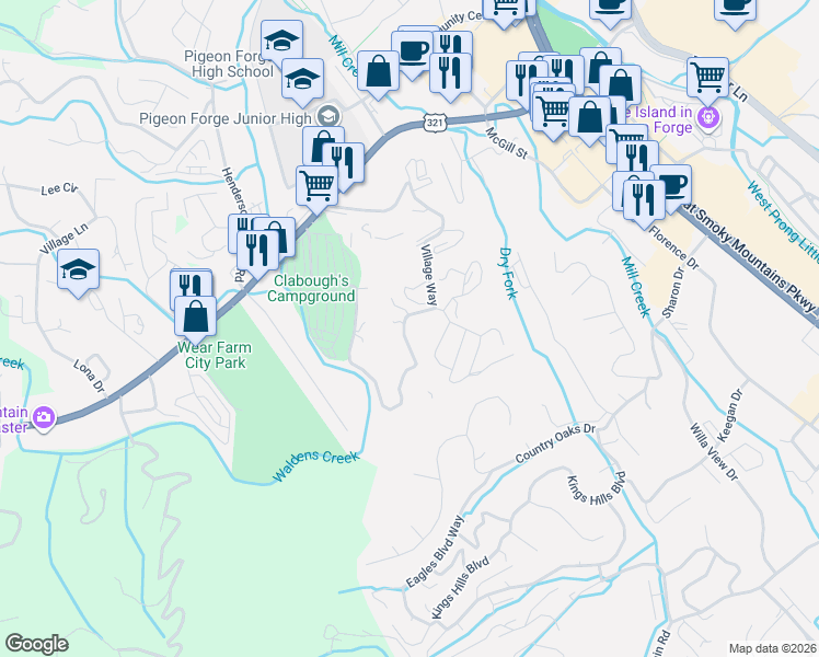 map of restaurants, bars, coffee shops, grocery stores, and more near 2848 Sequoia Road in Pigeon Forge