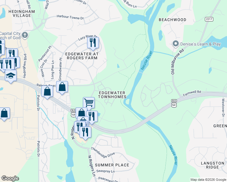 map of restaurants, bars, coffee shops, grocery stores, and more near 5313 Big Bass Drive in Raleigh