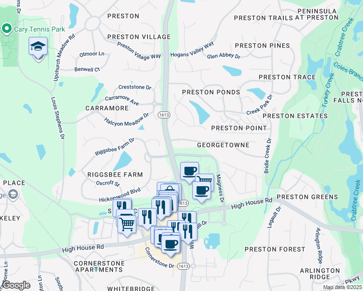 map of restaurants, bars, coffee shops, grocery stores, and more near 108 Council Gap Court in Cary