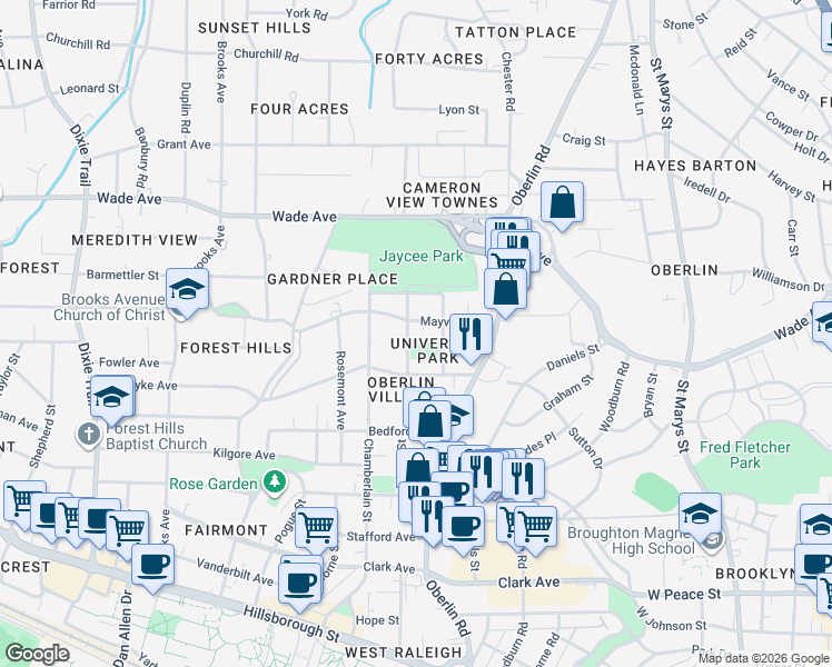 map of restaurants, bars, coffee shops, grocery stores, and more near 2304 Mayview Road in Raleigh
