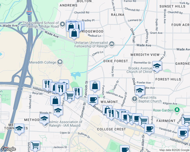 map of restaurants, bars, coffee shops, grocery stores, and more near 403 Furches Street in Raleigh