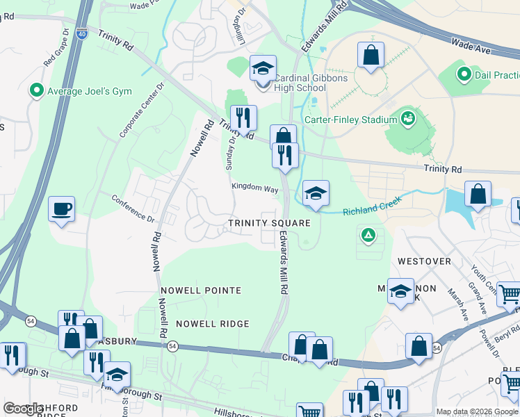 map of restaurants, bars, coffee shops, grocery stores, and more near 1351 Sunday Drive in Raleigh