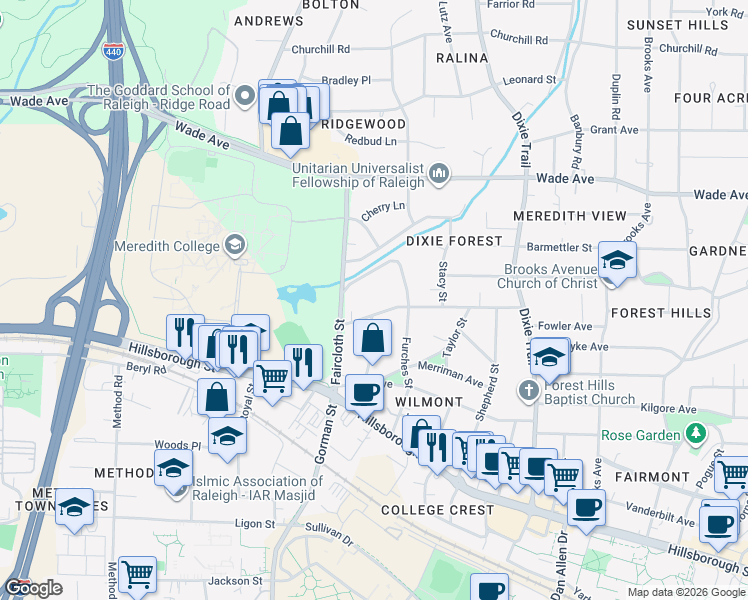 map of restaurants, bars, coffee shops, grocery stores, and more near 403 Furches Street in Raleigh