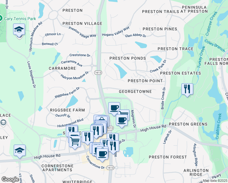 map of restaurants, bars, coffee shops, grocery stores, and more near 114 Council Gap Court in Cary