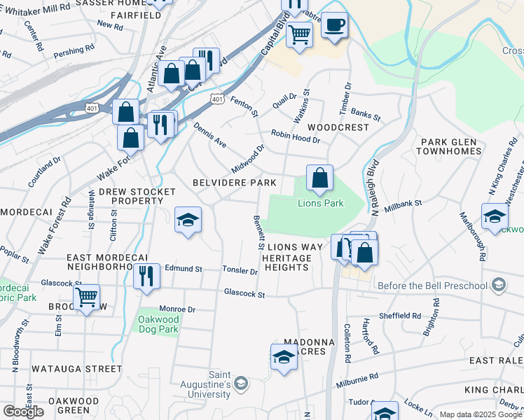 map of restaurants, bars, coffee shops, grocery stores, and more near 1716 Bennett Street in Raleigh
