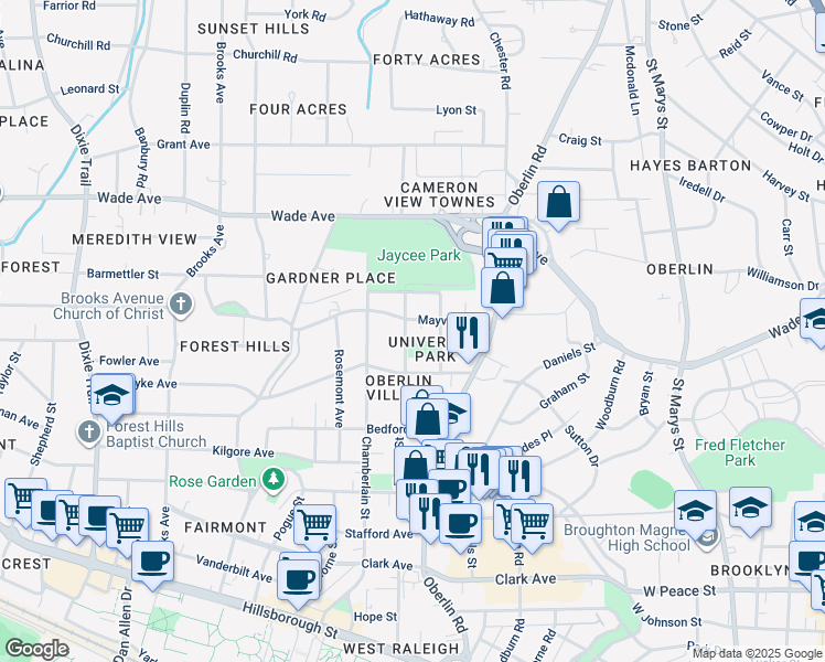 map of restaurants, bars, coffee shops, grocery stores, and more near 922 Tower Street in Raleigh