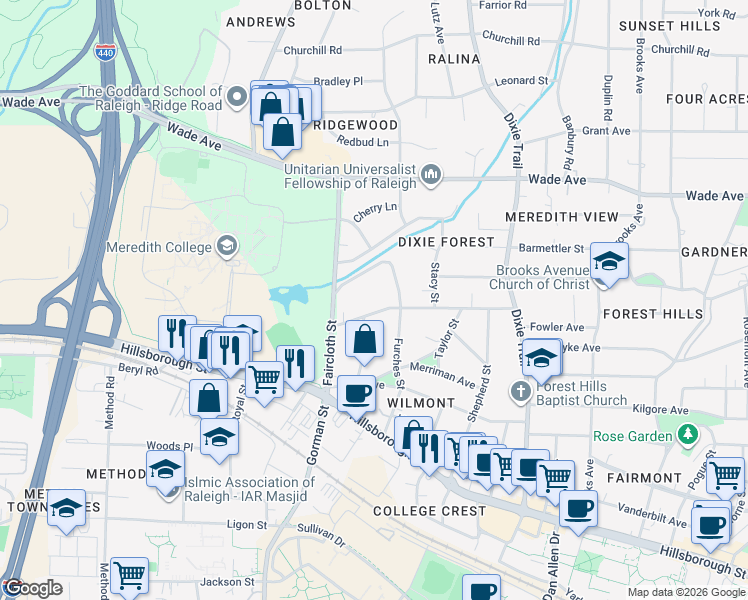 map of restaurants, bars, coffee shops, grocery stores, and more near 403 Furches Street in Raleigh