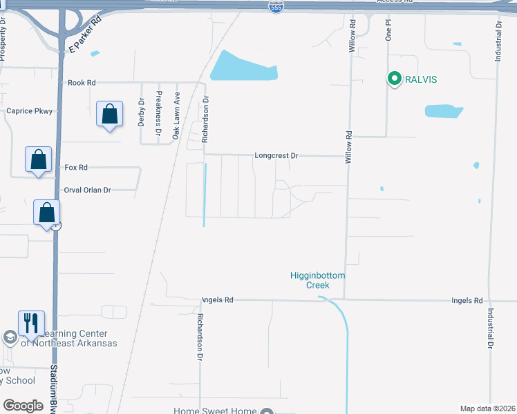 map of restaurants, bars, coffee shops, grocery stores, and more near 3509 Longcrest Drive in Jonesboro