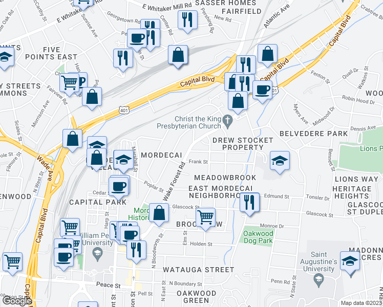 map of restaurants, bars, coffee shops, grocery stores, and more near 1314 Wake Forest Road in Raleigh