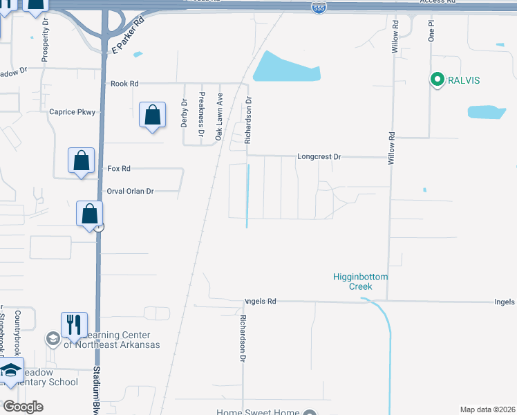 map of restaurants, bars, coffee shops, grocery stores, and more near 3856 Bridlewood Drive in Jonesboro