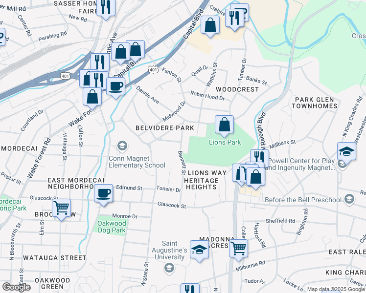 map of restaurants, bars, coffee shops, grocery stores, and more near 1716 Bennett Street in Raleigh