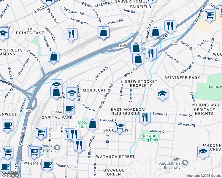 map of restaurants, bars, coffee shops, grocery stores, and more near 1314 Wake Forest Road in Raleigh