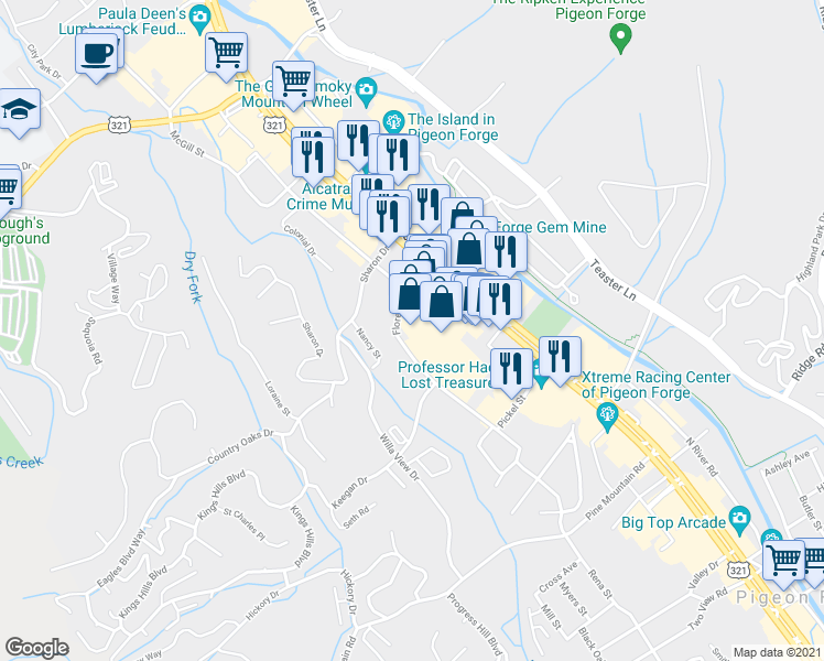 map of restaurants, bars, coffee shops, grocery stores, and more near 2828 Parkway in Pigeon Forge