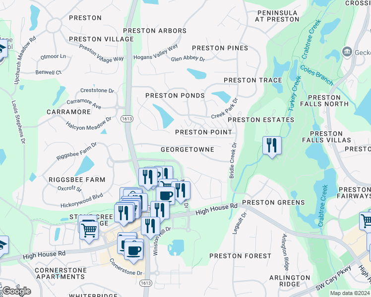 map of restaurants, bars, coffee shops, grocery stores, and more near 206 Council Gap Court in Cary