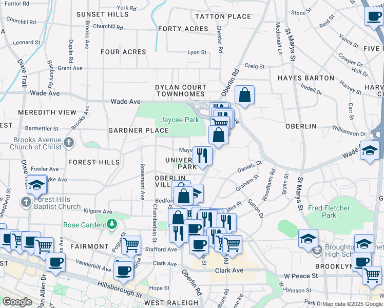 map of restaurants, bars, coffee shops, grocery stores, and more near 2148 Mayview Road in Raleigh