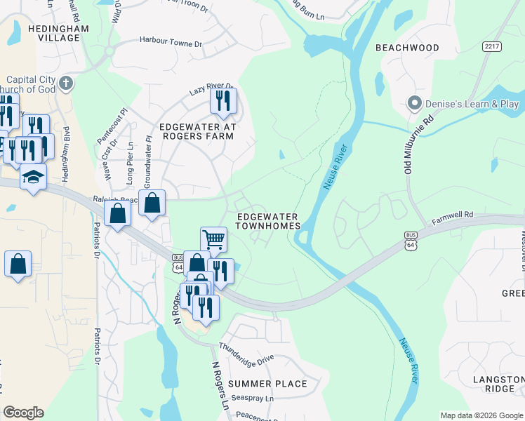 map of restaurants, bars, coffee shops, grocery stores, and more near 5313 Big Bass Drive in Raleigh