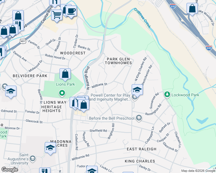 map of restaurants, bars, coffee shops, grocery stores, and more near 2213 Millbank Street in Raleigh