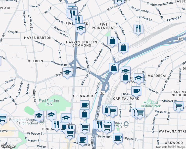 map of restaurants, bars, coffee shops, grocery stores, and more near 1440 Barton Place Drive in Raleigh