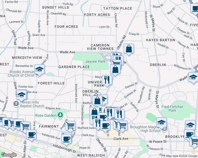 map of restaurants, bars, coffee shops, grocery stores, and more near 2304 Mayview Road in Raleigh