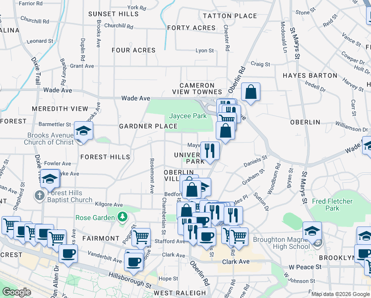 map of restaurants, bars, coffee shops, grocery stores, and more near 2304 Mayview Road in Raleigh