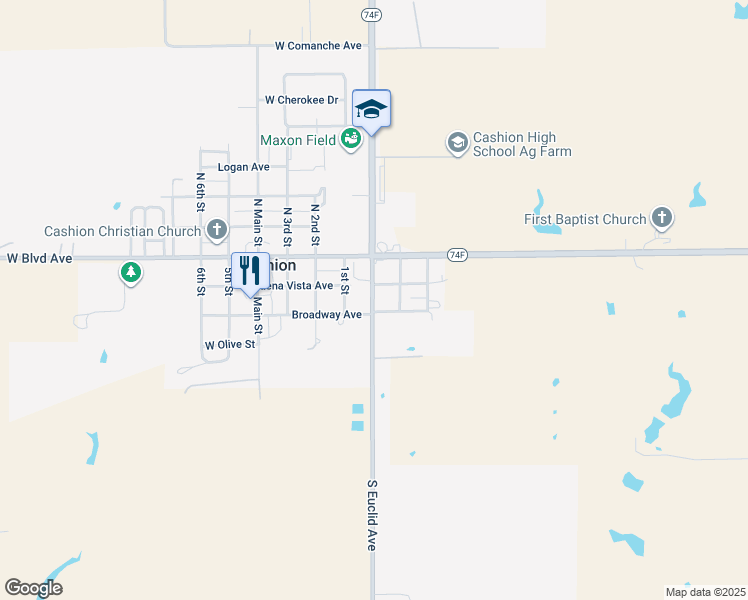 map of restaurants, bars, coffee shops, grocery stores, and more near 212 South Euclid Avenue in Cashion