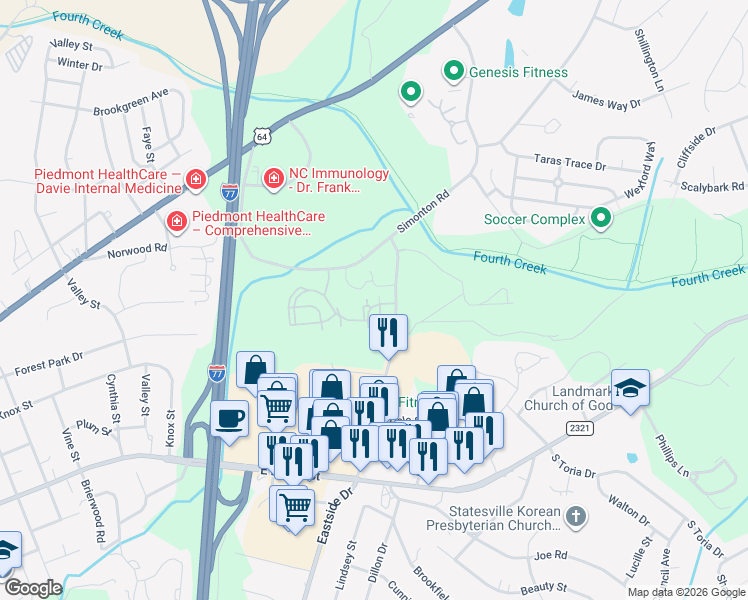 map of restaurants, bars, coffee shops, grocery stores, and more near 108 Auburn Avenue in Statesville