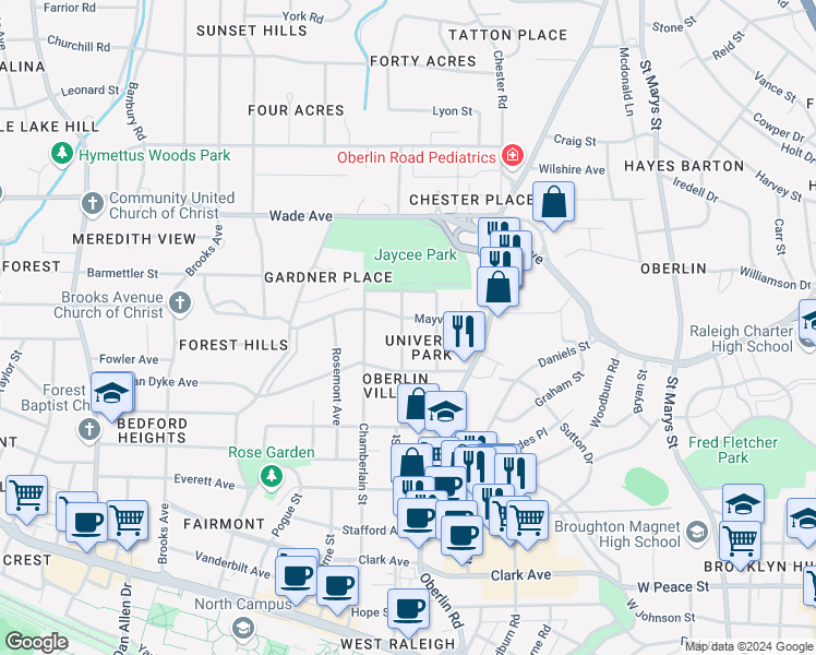 map of restaurants, bars, coffee shops, grocery stores, and more near 922 Tower Street in Raleigh