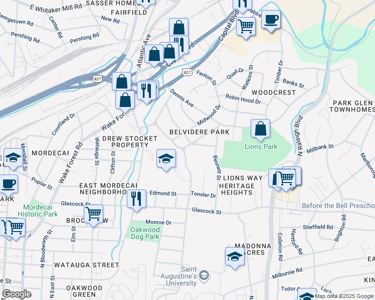 map of restaurants, bars, coffee shops, grocery stores, and more near 401 Plainview Avenue in Raleigh