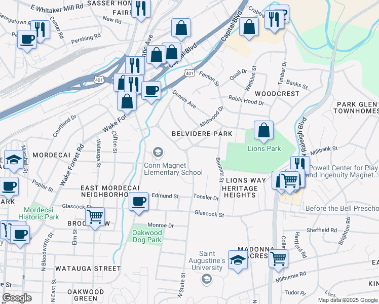 map of restaurants, bars, coffee shops, grocery stores, and more near 401 Plainview Avenue in Raleigh
