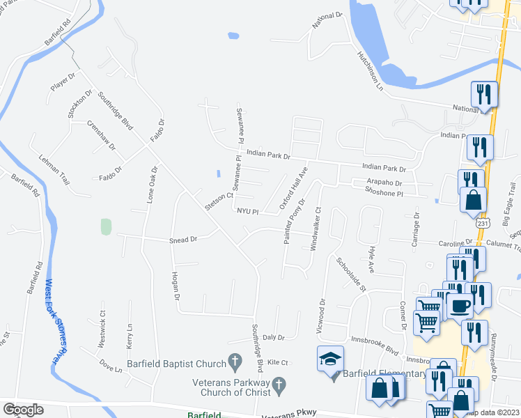 map of restaurants, bars, coffee shops, grocery stores, and more near 2754 Pepperdine Drive in Murfreesboro