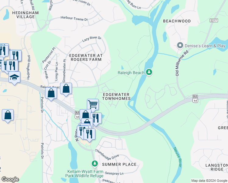 map of restaurants, bars, coffee shops, grocery stores, and more near 5330 Big Bass Drive in Raleigh