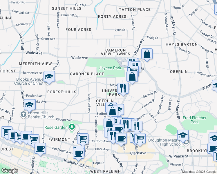 map of restaurants, bars, coffee shops, grocery stores, and more near 2304 Mayview Road in Raleigh