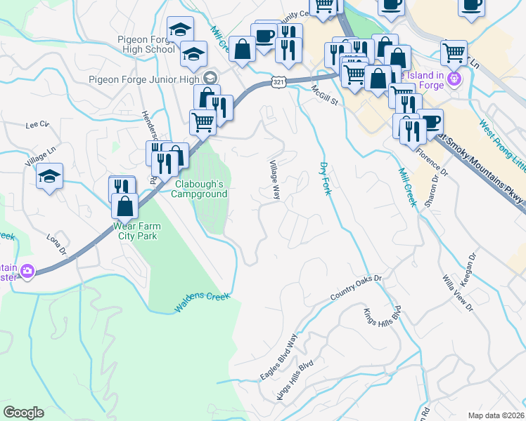 map of restaurants, bars, coffee shops, grocery stores, and more near 329 Silver Stone Way in Pigeon Forge