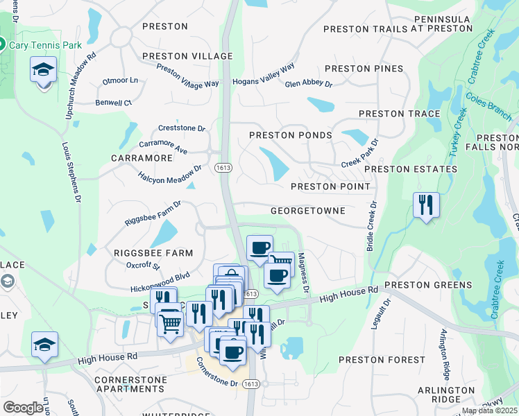 map of restaurants, bars, coffee shops, grocery stores, and more near 114 Council Gap Court in Cary