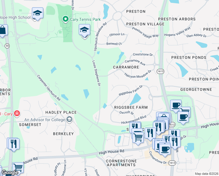 map of restaurants, bars, coffee shops, grocery stores, and more near 103 Wooded Hill Way in Cary