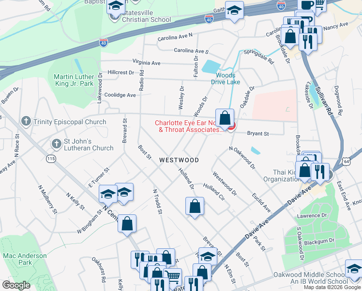 map of restaurants, bars, coffee shops, grocery stores, and more near 611 Woods Drive in Statesville